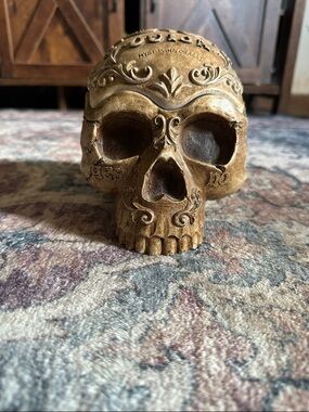 Decorative Gold Skull Accent - Ornate Resin Home Accent